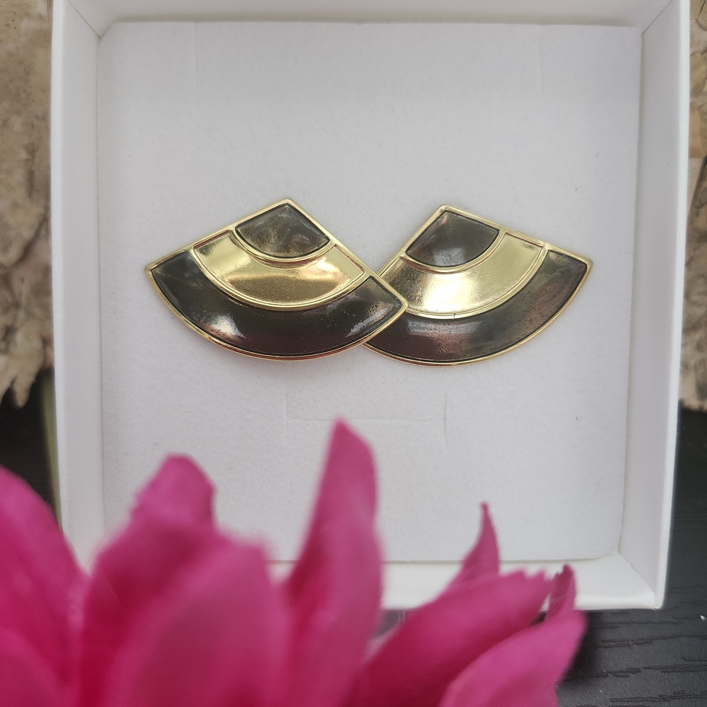 Vintage 80s Elegant Gold and Black Fan Earrings